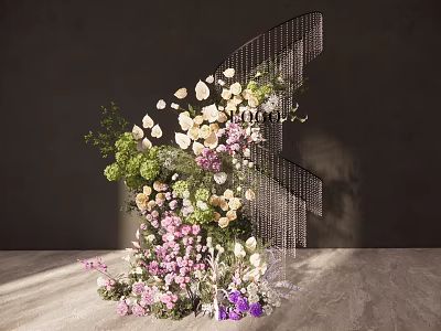 Elegant Floral Installation With Mixed Pink Purple White Blooms Fresh Greenery And Hanging Chains 3d model