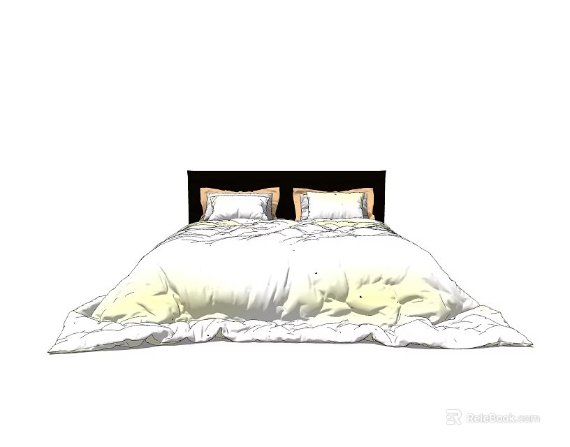 Double Bed With White Comforter Two Pillows Brown Trim And Dark Headboard 3d model 