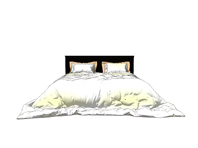 Double Bed With White Comforter Two Pillows Brown Trim And Dark Headboard 3d model