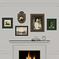 Wall Decor Above White Fireplace With Frames Mirror And Burning Fire 3d model