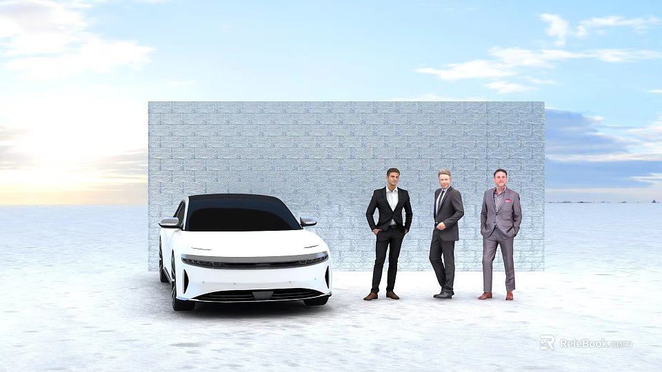Outdoor Group Photo Check in Spot With Three Men White Car And Brick Wall 3d model 