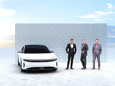 Outdoor Group Photo Check in Spot With Three Men White Car And Brick Wall 3d model