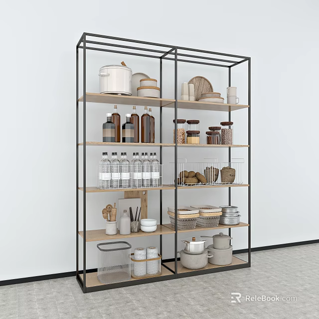 Modern Display Shelf With Metal Frame Wooden Shelves And Glass Jars Ceramic Bowls 3d model 