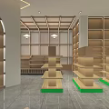 Modern Retail Store Interior Design With Wooden Ceiling Glass Doors Green Walls And Display Shelves