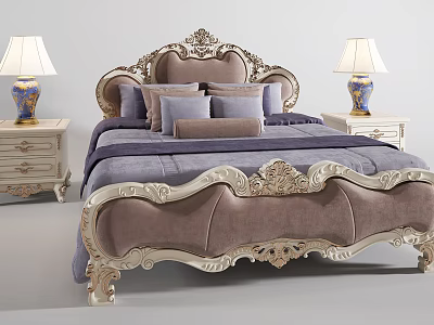 Elegant Double Bed With Carved Cream Frame Lavender Bedding Decorative Pillows And Nightstand Lamps 3d model