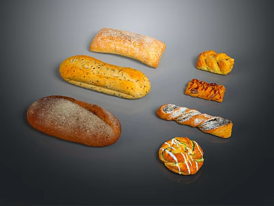 Assorted Fresh Bread Varieties Including Loaf Braided Roll and Sugar Topped 3d model