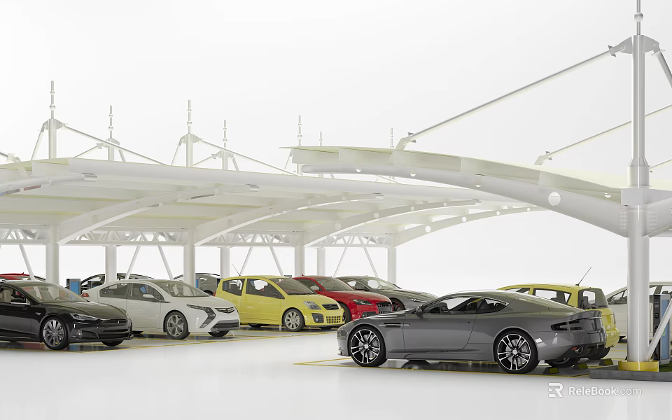 Modern Covered Parking Lot With Multiple Parked Vehicles And White Canopy Structure 3d model 