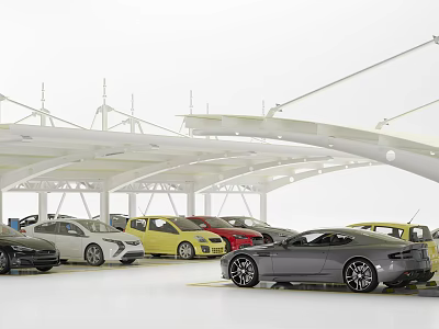 Modern Covered Parking Lot With Multiple Parked Vehicles And White Canopy Structure 3d model