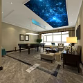Modern Billiard Room With Starry Sky Ceiling Chandelier Sofa Coffee Table And Green Plant