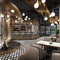 Elegant Modern Restaurant Interior With Pendant Lights Decorative Walls And Checkerboard Floor
