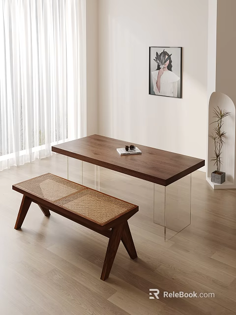 Modern Dining Table Set With Walnut Wood Top Transparent Acrylic Legs And Rattan Bench 3d model 