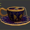 Ornate Blue And Gold Teacup With Saucer Moon Star Patterns Twisted Handle And Teabag