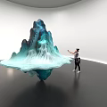Blue Green Textured Art Installation In Indoor Gallery With Smooth Floor And Person Pointing