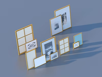 Abstract Paintings In Golden Frames With Various Sizes For Art Collection 3d model