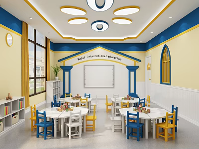 Vibrant Kindergarten Classroom Interior Featuring Colorful Tables Chairs Whiteboard Bookshelves Windows And Ceiling Decorations 3d model