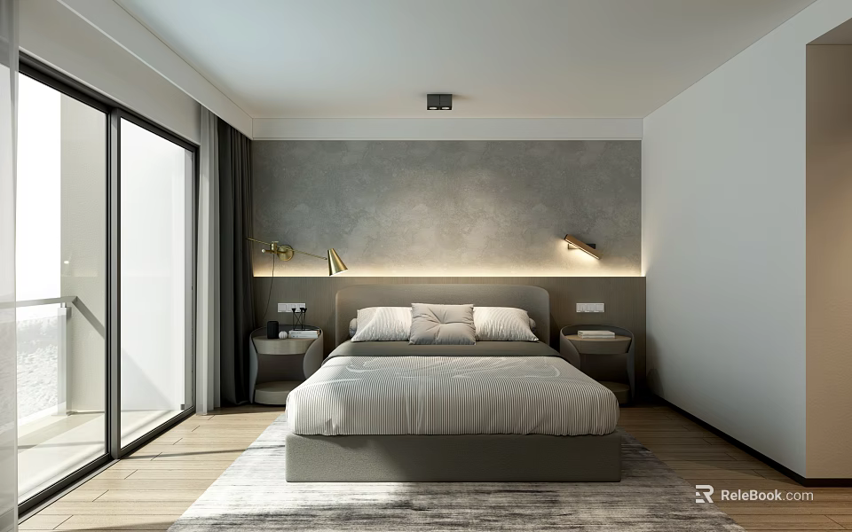 Modern Hotel Guest Room with Large Bed Gray Headboard Wall Sconces Floor-to-Ceiling Windows Wooden Floor 3d model 