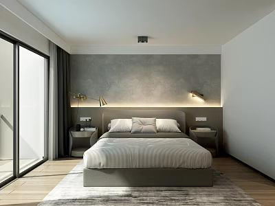Modern Hotel Guest Room with Large Bed Gray Headboard Wall Sconces Floor-to-Ceiling Windows Wooden Floor 3d model