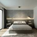 Modern Hotel Guest Room with Large Bed Gray Headboard Wall Sconces Floor-to-Ceiling Windows Wooden Floor