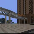 Luxury Modern Entrance Gate with Arched Canopy Pillars and Evening Landscaping Lighting
