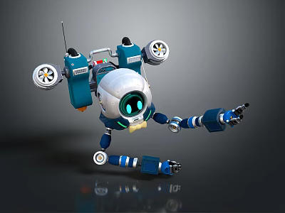 Smart Machine Robot With Blue And White Design Extended Arms Glowing Eyes And Wheels 3d model