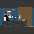 Study Room Interior Design With Wooden Desk Bookshelf Blackboard And Window