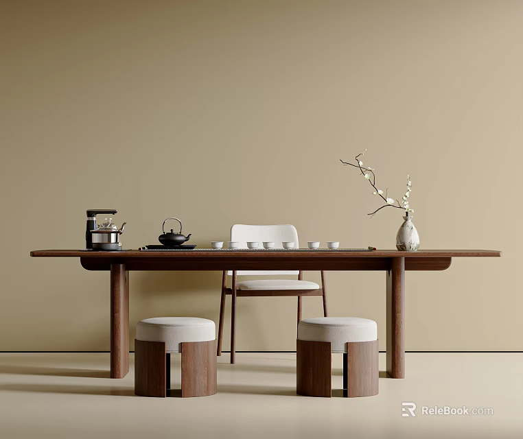 Modern Minimalist Wooden Tea Table with White Chair Stools Tea Set and Vase with Twigs 3d model 