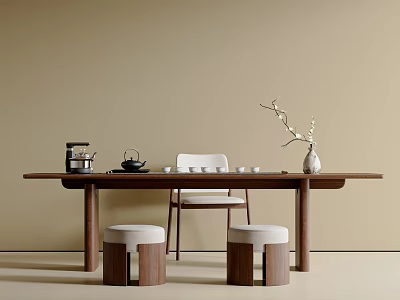 Modern Minimalist Wooden Tea Table with White Chair Stools Tea Set and Vase with Twigs 3d model