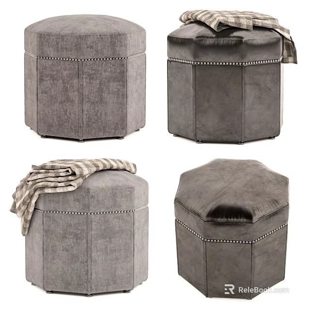 Gray Ottoman With Stitched Design Metal Nailhead Trim And Striped Blanket 3d model 