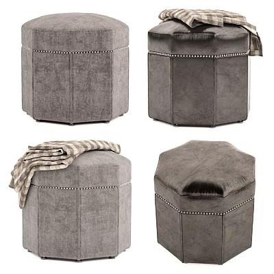 Gray Ottoman With Stitched Design Metal Nailhead Trim And Striped Blanket 3d model