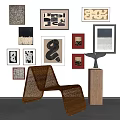 Stylish Photo Wall With Various Art Frames And Modern Wicker Chair By Wooden Pedestal
