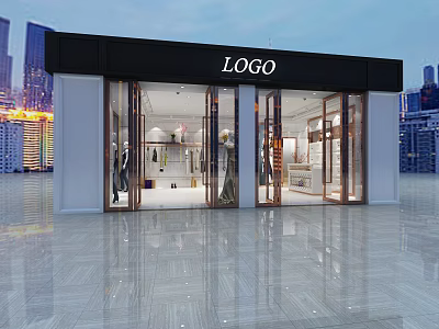 Modern Clothing Store Exterior With Glass Doors Logo Sign And Mannequin Displays 3d model