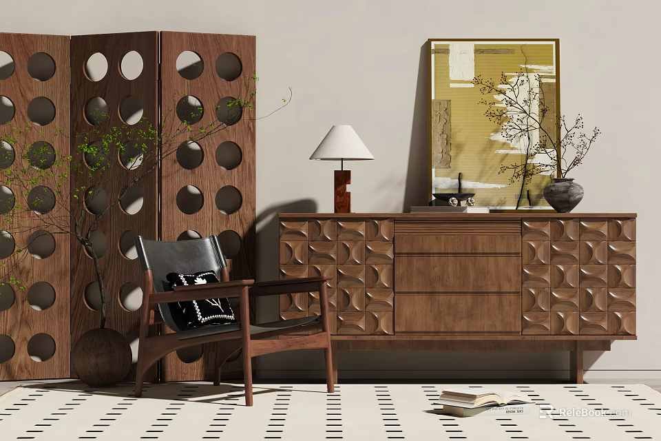 Wooden Entryway Cabinet Sideboard With Carved Patterns Table Lamp And Vase On Patterned Floor 3d model