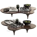 Wooden Coffee Table with Unique Design Metal Sculptures Green Vase and Apple Bowl