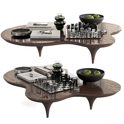 Wooden Coffee Table with Unique Design Metal Sculptures Green Vase and Apple Bowl 3d model