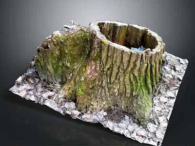 Natural Tree Stump With Green Moss And Fallen Leaves In Outdoor Scene 3d model