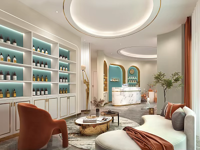 Elegant Shop Front Desk With Marble Countertop Display Shelves And Comfortable Sofa In Modern Interior 3d model