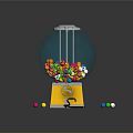 Colorful Gumball Machine With Transparent Glass Globe Yellow Base And Scattered Candies On Dark Background