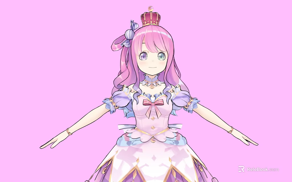 Cute Game Movie Character with Pink Hair Crown Bow and Pink Lace Dress in Pink Background 3d model 