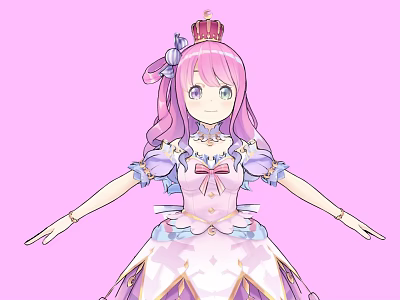 Cute Game Movie Character with Pink Hair Crown Bow and Pink Lace Dress in Pink Background 3d model