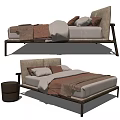 Modern Double Bed With Wooden Frame Brown White Pillows And Side Table 3d model