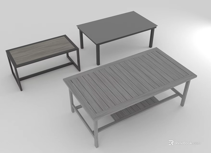 Modern Coffee And Bench Tables With Wooden Gray Slatted Top And Lower Storage Shelf 3d model 