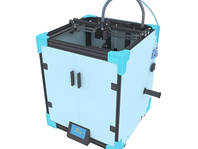 Blue 3D Printer Enclosure With Black Frame Handles Display Panel And Cables 3d model
