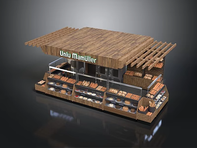 Wooden Roof Bakery Kiosk With Bread Display Shelves And Glass Front 3d model