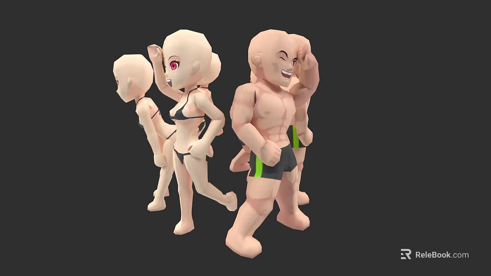 3D Rendered Cartoon Characters With Various Poses Bikini Outfit Muscular Build And Casual Shorts 3d model 