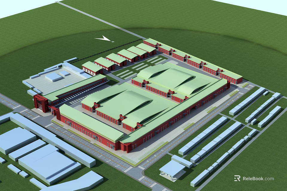 Red Building Commercial Street With Green Roofs And Planned Road And Parking Areas 3d model 