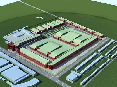 Red Building Commercial Street With Green Roofs And Planned Road And Parking Areas 3d model