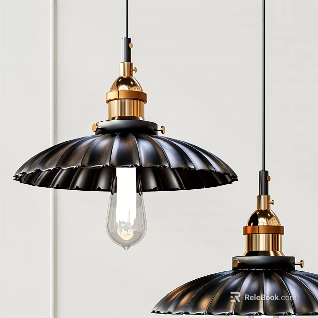 Vintage Industrial Pendant Light With Black Fluted Shade And Golden Brass Base 3d model 