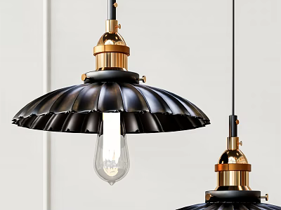 Vintage Industrial Pendant Light With Black Fluted Shade And Golden Brass Base 3d model