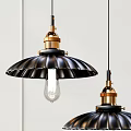 Vintage Industrial Pendant Light With Black Fluted Shade And Golden Brass Base