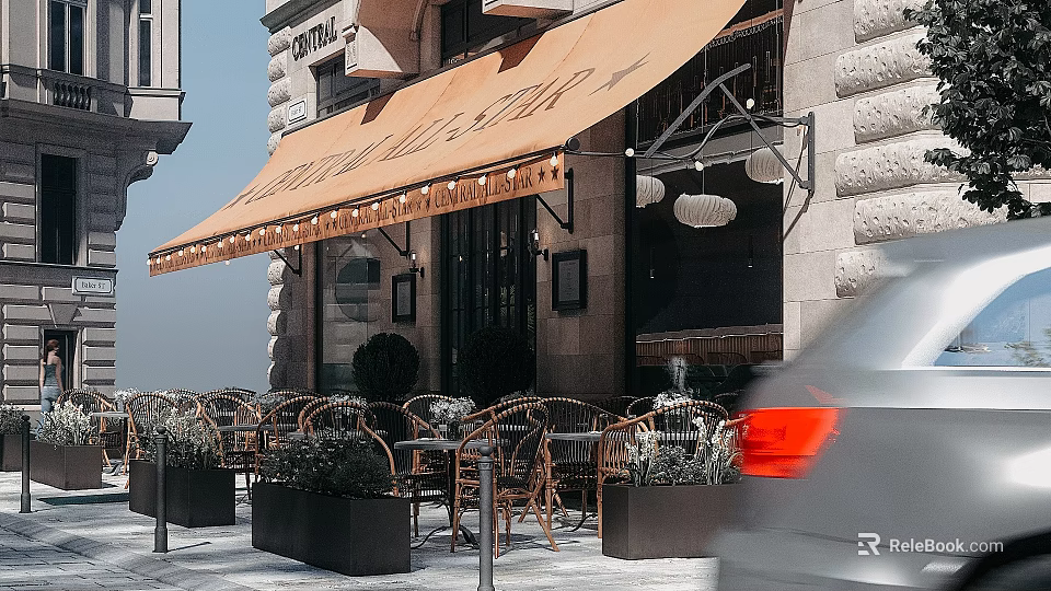 Bistro Maestro Storefront With Orange Awning Stone Wall Outdoor Wicker Seating And Potted Plants 3d model 